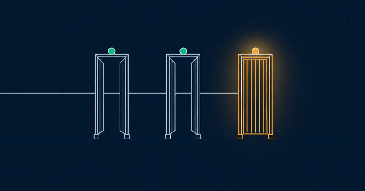 Three gates in a row; the first two stand open, the third is closed and lit amber.